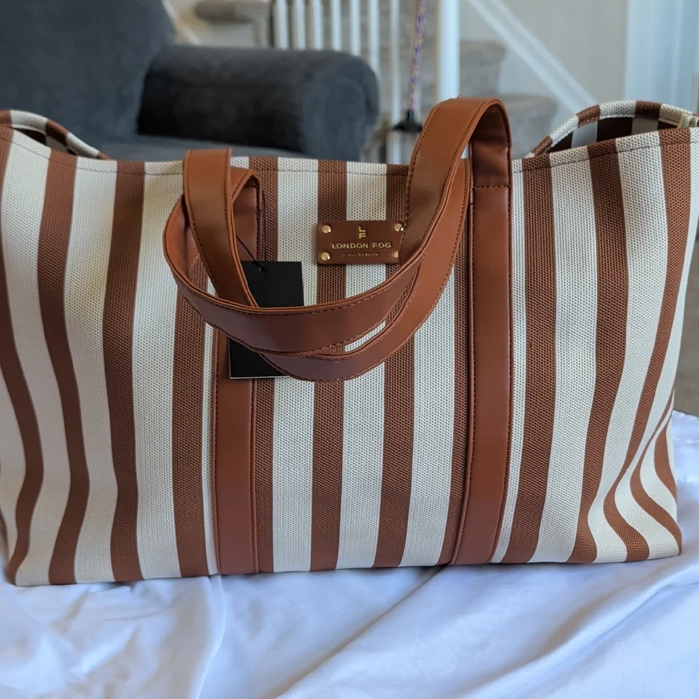 London Fog Brown and Cream Striped Tote